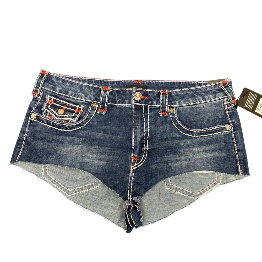 True Religion Spicy Short Flap Denim Cut Off Shorts Wave Lily W33 Super T Stitch